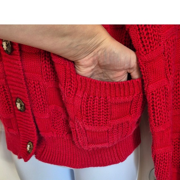 Vintage red knit cardigan gold pearl buttons womens XS - Picture 3 of 10